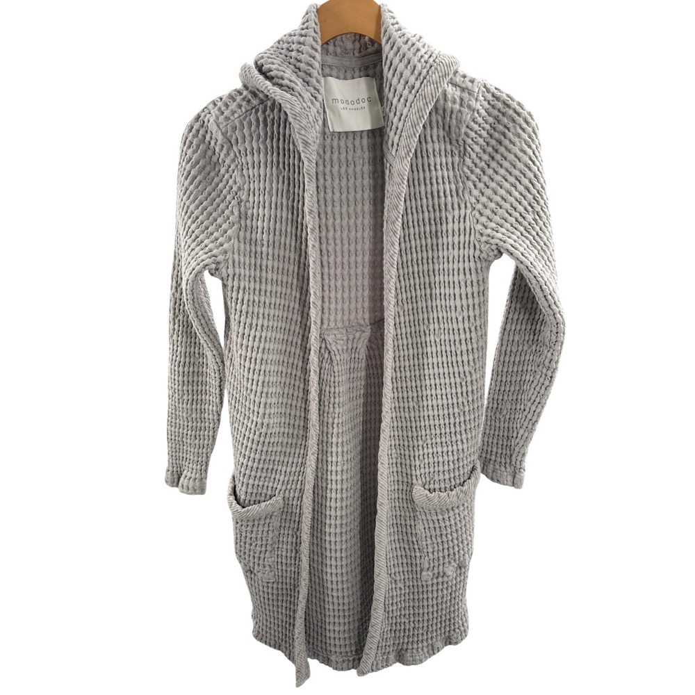 Mododoc Waffle Knit Hooded Cardigan XS Gray Long Duster Open Front Cotton